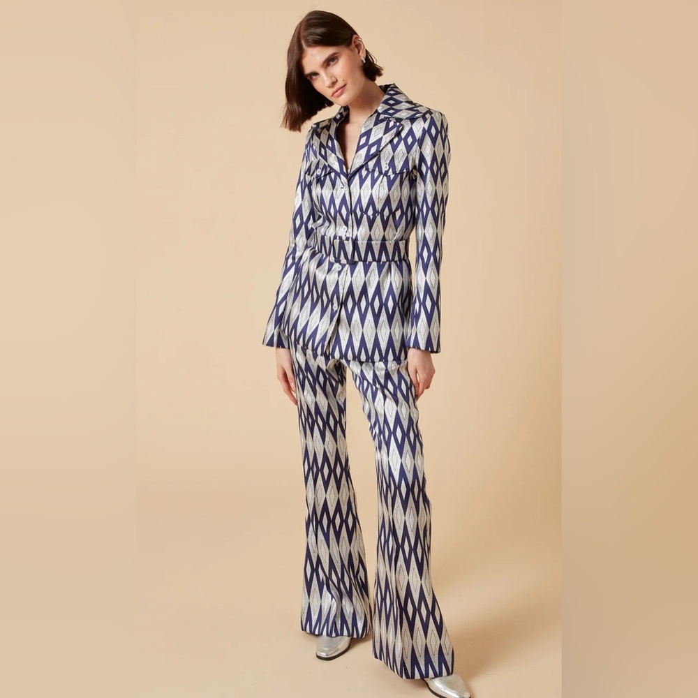 Lisou Blue and White Diamond Pattern Pantsuit
